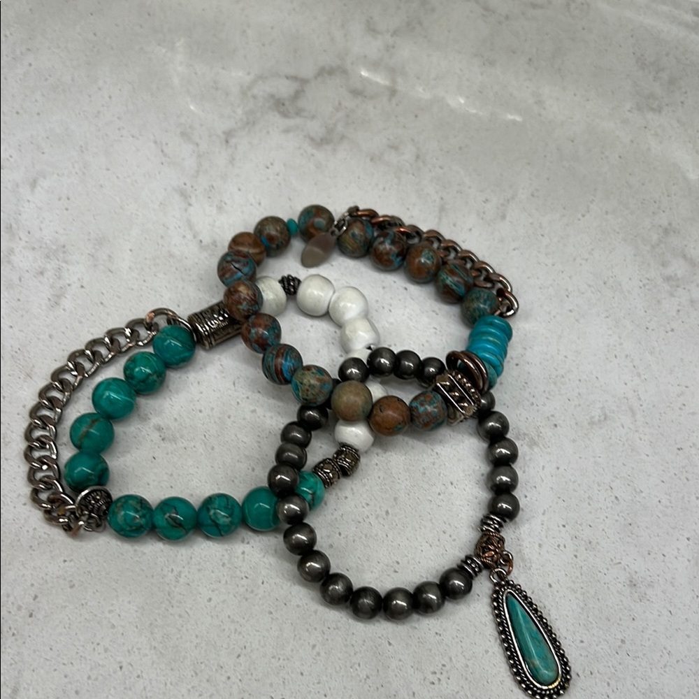 Turquoise and Silver Beaded Bracelet Set